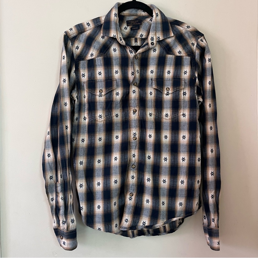 Zara Man Denim Couture Snap Button Up Shirt Size 40 Southwestern Aztec Design